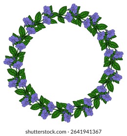 Elegant vector wreath design featuring a circular arrangement of delicate purple flowers and lush green leaves, perfect for invitations, cards, or decorative elements.