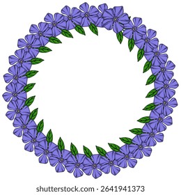 Elegant vector wreath design featuring a circular arrangement of vibrant purple periwinkle flowers and lush green leaves, perfect for invitations, cards, or decorative elements.