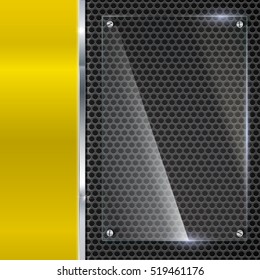 Elegant vector yellow metallic background with glass banner. Color polished texture with highlights and glow on the background of metal mesh. Vector editable texture, easy to change size