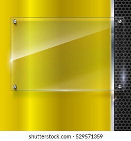 Elegant vector yellow metallic background with glass banner. Color polished texture with highlights and glow on the background of metal mesh. Vector editable texture, easy to change size
