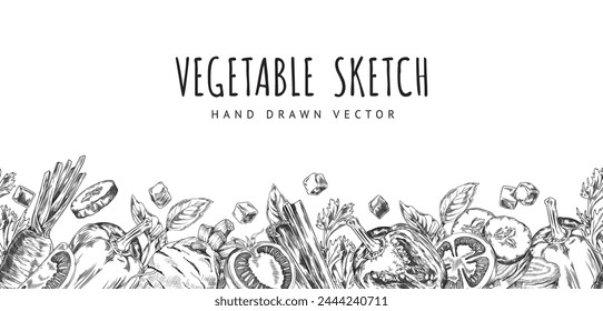 Elegant vegetable sketch header with a variety of vegetables like tomatoes and carrots, in hand-drawn style for gourmet appeal. Vector illustration set.