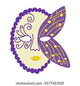 Elegant Venetian carnival mask with intricate purple and yellow patterns, a scalloped edge, and whimsical, ideal for masquerades and cultural celebrations. Vector drawing isolated on white background