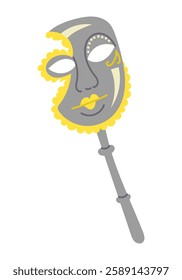 Elegant Venetian style mask on a stick with intricate yellow and gray decorative details, designed in a minimalist artistic style. Vector flat drawing isolated on white background