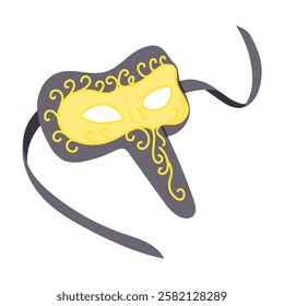 Elegant Venetian style masquerade mask with yellow and gray colors, featuring intricate scroll patterns and a flowing ribbon tie, designed in a minimalistic vector illustration style