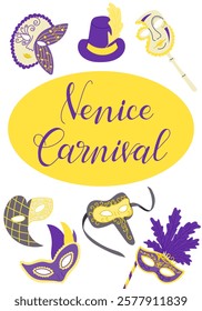 Elegant Venice carnival banner with vibrant purple and yellow masks, a top hat with a feather, and decorative text, capturing the festive spirit. Vector vertical banner with had drawn drawings