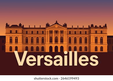 O elegante Palácio de Versalhes é banhado no brilho quente do pôr do sol, com seus jardins ornamentados e arquitetura majestosa, proporcionando uma cena deslumbrante que reflete a opulência da realeza francesa