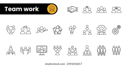 An elegant and versatile icon set representing teamwork and collaboration. Includes symbols like handshakes, puzzle pieces, group communication, and global cooperation