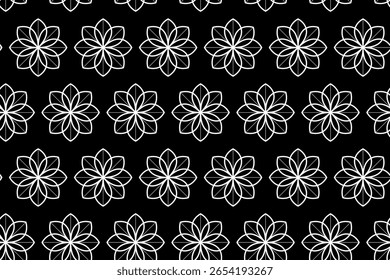 Un elegante y versátil patrón floral sin fisuras con flores blancas sobre un fondo negro. Perfecto para textiles, Fondos de pantalla, Diseño web y proyectos gráficos.