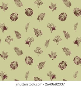 An elegant and versatile vector pattern showcasing a variety of stylized botanical leaves in a rich, earthy palette, perfect for textile, wallpaper, or digital applications.