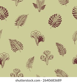 An elegant and versatile vector pattern showcasing a variety of stylized botanical leaves in a rich, earthy palette, perfect for textile, wallpaper, or digital applications.