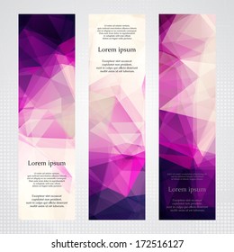 Elegant vertical banners with light and dark pink transparent polygonal shapes.