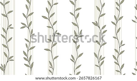 Elegant vertical botanical trail wallpaper pattern with subtle striped background