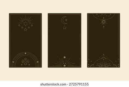 Elegant vertical card designs featuring mystical moon, sunburst, stars, and sacred geometry art