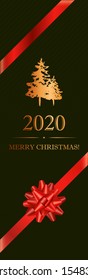 Elegant vertical Christmas and New Year design with red knotted bow on dark green background. Vector illustration for banner, greeting card, cover, etc