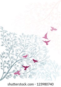 Elegant vertical floral background with branch of tree and birds