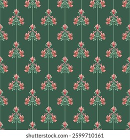 Elegant Vertical Floral Stripe Pattern with Pink Flowers on Green Background

