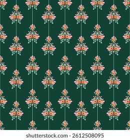 Elegant Vertical Floral Stripe Pattern with Pink and yellow Flowers on Green Background
