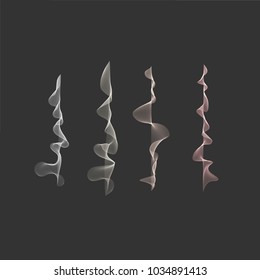 Elegant vertical four vector white wavy smoky elements for vape, cigarette background design. Airplane trail steam light. Curly gray blend lines with smoke effect
