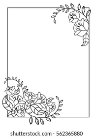 Elegant vertical frame with contours of flowers. Copy space. Vector clip art.