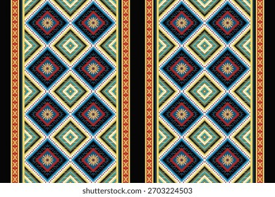 Elegante padrão de ikat vertical com bordas laterais vermelho-ouro e flores de diamante. Inspirado pela arte de tecer patrimônio tailandês com um toque de luxo moderno.