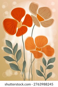 Elegant vertical illustration featuring three stylized flowers in warm orange, terracotta, and brown tones. A poetic botanical design with a shimmering bokeh background for sophisticated home decor.

