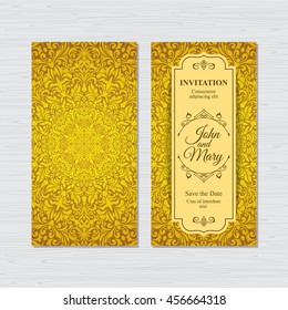 Elegant vertical Save The Date card design. Vintage floral invitation card template. Luxury swirl mandala greeting card.
