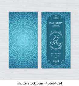 Elegant vertical Save The Date card design. Vintage floral invitation card template. Luxury swirl mandala greeting card.