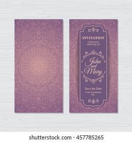 Elegant vertical Save The Date card design. Vintage floral invitation card template. Luxury swirl mandala greeting card.