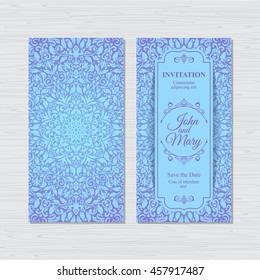 Elegant vertical Save The Date card design. Vintage floral invitation card template. Luxury swirl mandala greeting card.