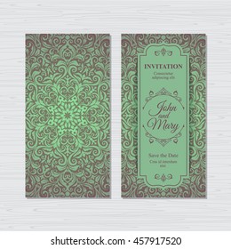 Elegant vertical Save The Date card design. Vintage floral invitation card template. Luxury swirl mandala greeting card.