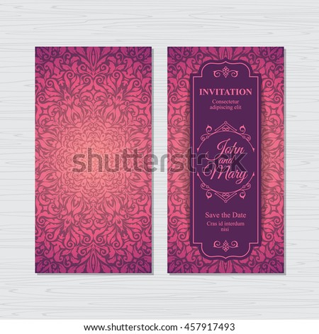Elegant vertical Save The Date card design. Vintage floral invitation card template. Luxury swirl mandala greeting card.