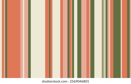 Elegant vertical stripes in muted coral, dusty rose, olive green, and cream create a sophisticated, versatile pattern.