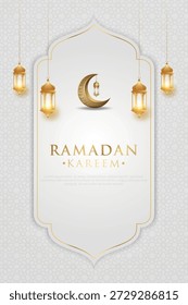 Elegant vertical vector background template for Ramadan Kareem featuring glowing golden traditional Arabic lanterns (Fanoos), a decorative crescent moon, and subtle geometric Islamic patterns in white and grey tones, providing ample copy space for greetings and text.