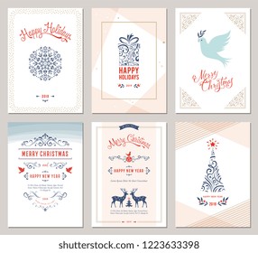 Elegant vertical winter holidays greeting cards with New Year tree, dove, reindeers, gift box, snowflake, Christmas ornaments and ornate typographic design. Vector illustration.