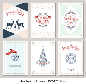 Elegant vertical winter holidays greeting cards with New Year tree, doves, reindeers, snowflake, Christmas ornaments and ornate typographic design. Vector illustration.