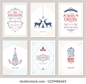 Elegant vertical winter holidays greeting cards with New Year tree, reindeers, gift box, Christmas ornaments and ornate typographic design. Vector illustration.