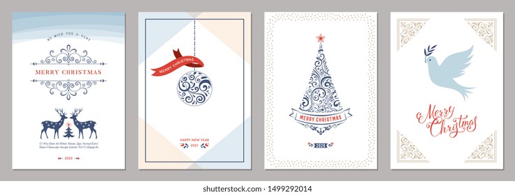 Elegant vertical winter holidays greeting cards with New Year tree, doves, reindeers, Christmas ornaments and ornate typographic design. Vector illustration.