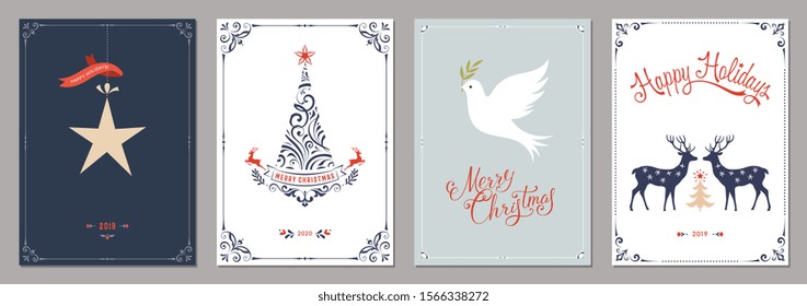 Elegant vertical winter holidays greeting cards with New Year tree, dove, deers, Christmas ornaments and ornate typographic design. Vector illustration.