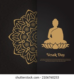 Elegant Vesak Day background with Lord Buddha silhouette and golden mandala. Vesak Day vector illustration