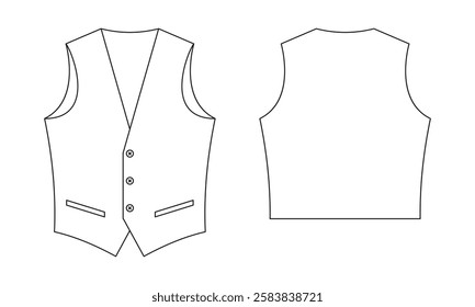 Elegant vests pattern template. Classic white sleeveless clothing for stylish gentlemen and work uniform for luxury clubs and restaurants in retro design