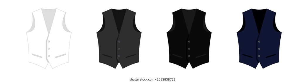 Elegant vests set. Classic white and black sleeveless clothing for stylish gentlemen and blue work uniform for luxury clubs and restaurants in retro design