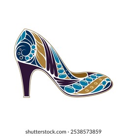 An elegant and vibrant vector illustration of a high heel shoe that features a variety of intricate and beautiful patterns