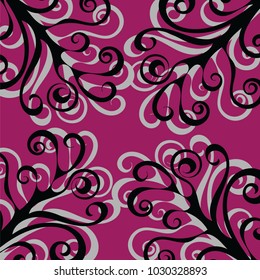 Elegant victorian curly pattern in black and white on bright pink background. Cover or textile design. Vector illustration eps10.