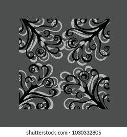 Elegant victorian curly pattern in black and white on grey background. Ceramic tile or textile design. Vector illustration eps10.