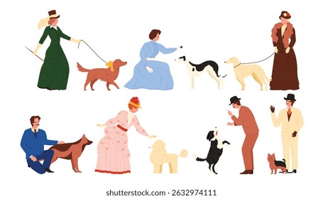 Homens e mulheres vitorianos elegantes interagem com várias raças de cães, perfeito para a história, cuidados com animais de estimação, ou conceitos de estilo de vida vintage, isolado em branco fundo vetor ilustração