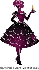 Elegant Victorian Woman Silhouette in Purple Dress Holding a Candle