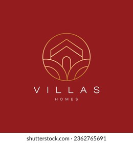 Elegant villa logo design. Luxury villa design with line art style in gold color.