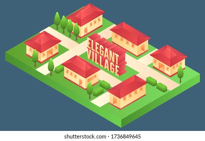 elegant village isometric buildings set. Flat style. Vector illustration Urban and Rural Houses collection.

