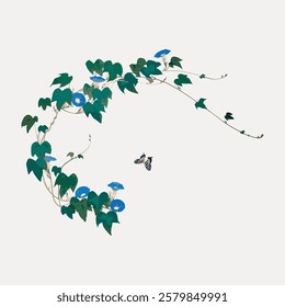 Elegant vine with green leaves and blue flowers, featuring a butterfly. Nature-themed design with delicate vine, vibrant flowers, and a graceful butterfly. Vintage flower illustration, vector.