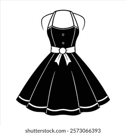 Elegant Vintage 1950s Cocktail Dress Illustration with Halter Neck, Full Skirt, Cinched Waist, and White Bow